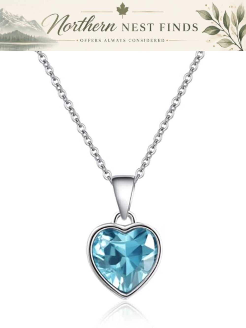 925 Sterling Silver Heart Crystal Pendant Necklace Aquamarine Birthstone